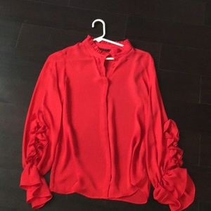 Zara red ruffle button down top